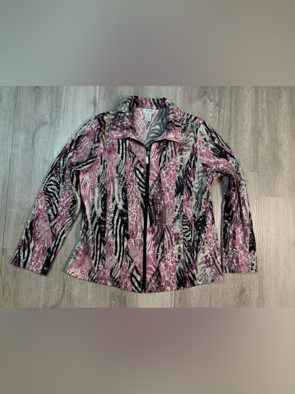City Blues by Koret Women’s sparkly Animal Print Zip Jacket Pink/Black/white M.